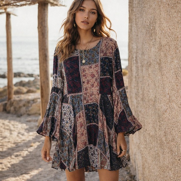 American Eagle Outfitters Dresses & Skirts - American Eagle Patchwork Mini Dress Sz S Boho Bell Slv Babydoll Festival Hippie